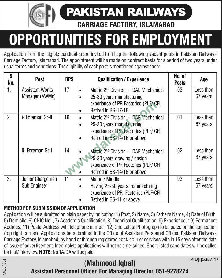 Assistant Works Manager Junior Chargeman Sub Engineer Jobs In Pakistan Railway Islamabad 1 April 2018 Darsaal